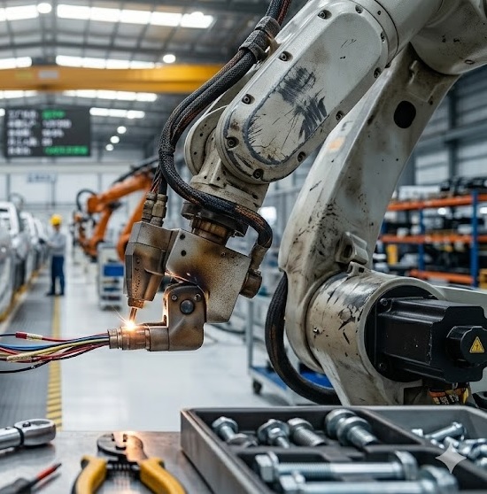 Robotic arm welding on an automotive manufacturing assembly line
