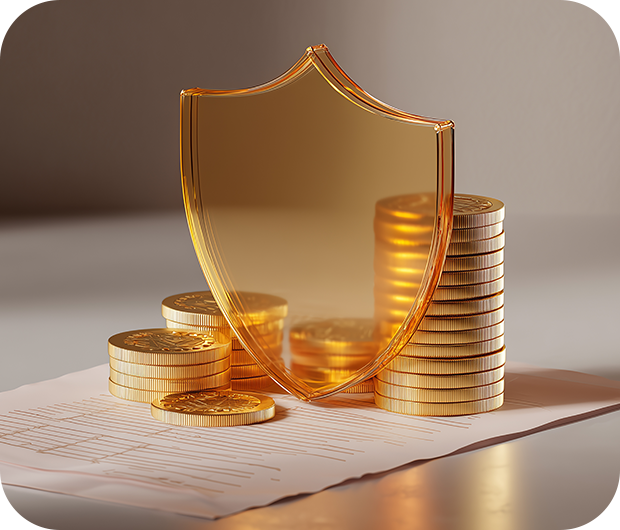 Gold shield and coins representing finance and insurance protection
