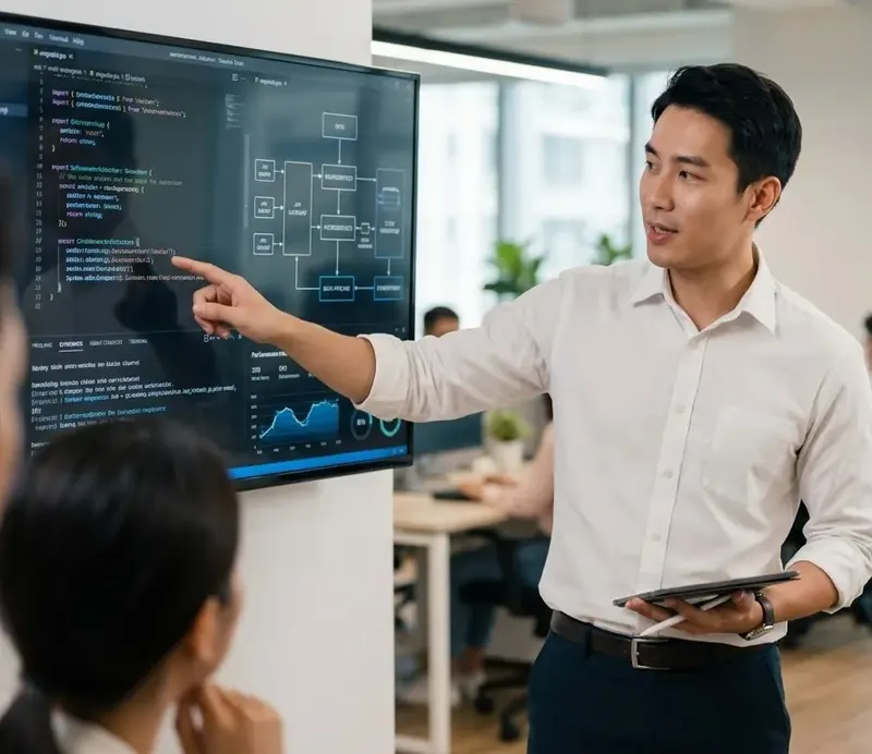 Engineers discussing a software project