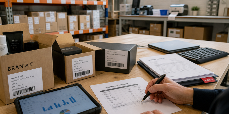 ERP and eCommerce partner evaluation — landed cost worksheet and inventory in an Australian retail warehouse back office