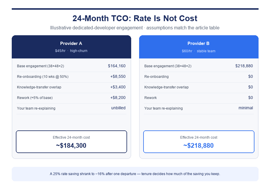 Infographic comparing 24-month total cost of ownership for a high-churn $45/hr provider versus a stable $60/hr team