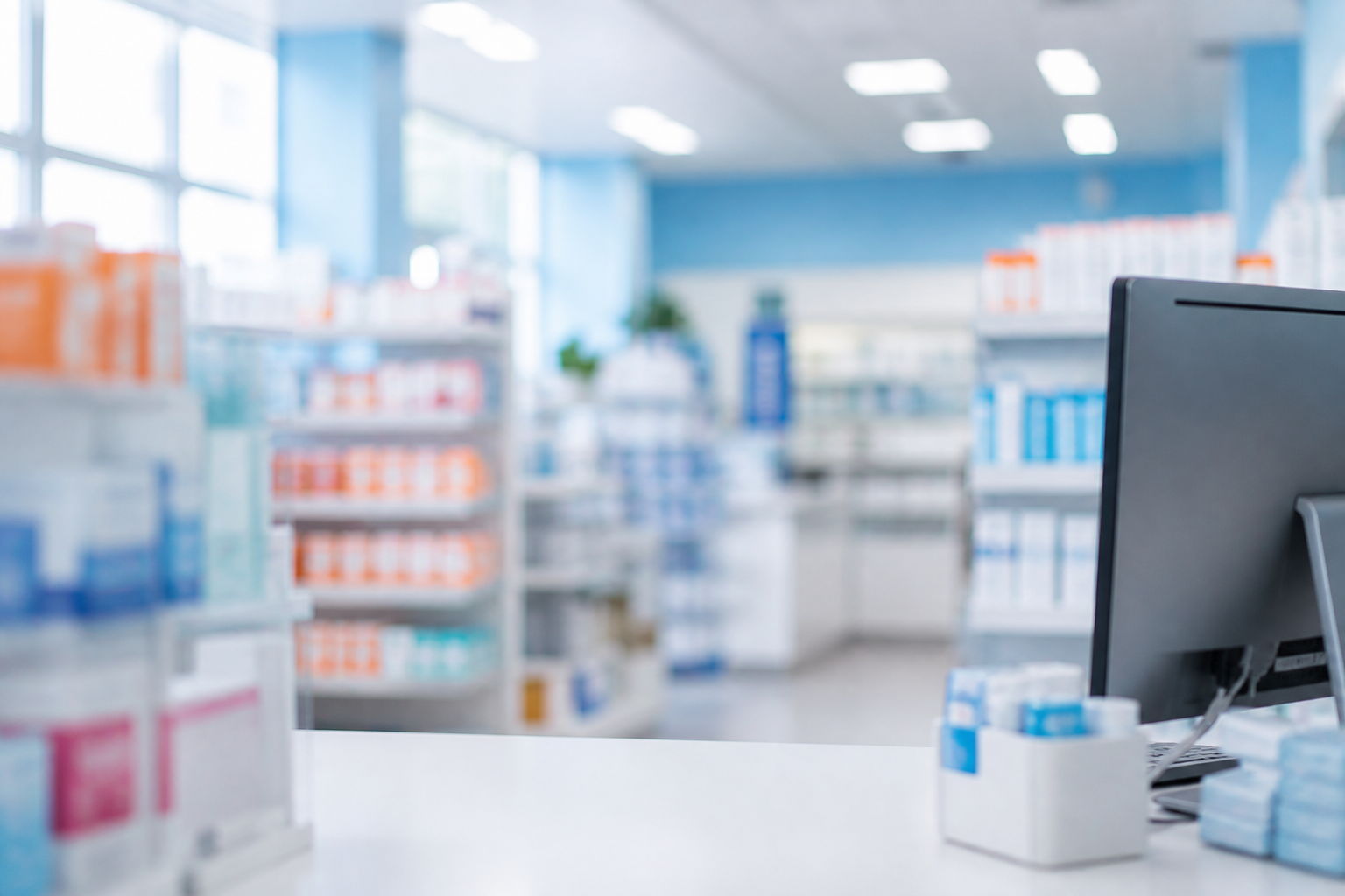 Modern pharmacy counter and medicine shelves