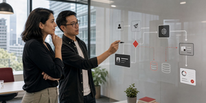 Australian business leader and software engineer mapping a customer portal journey, system integrations and access decisions before development