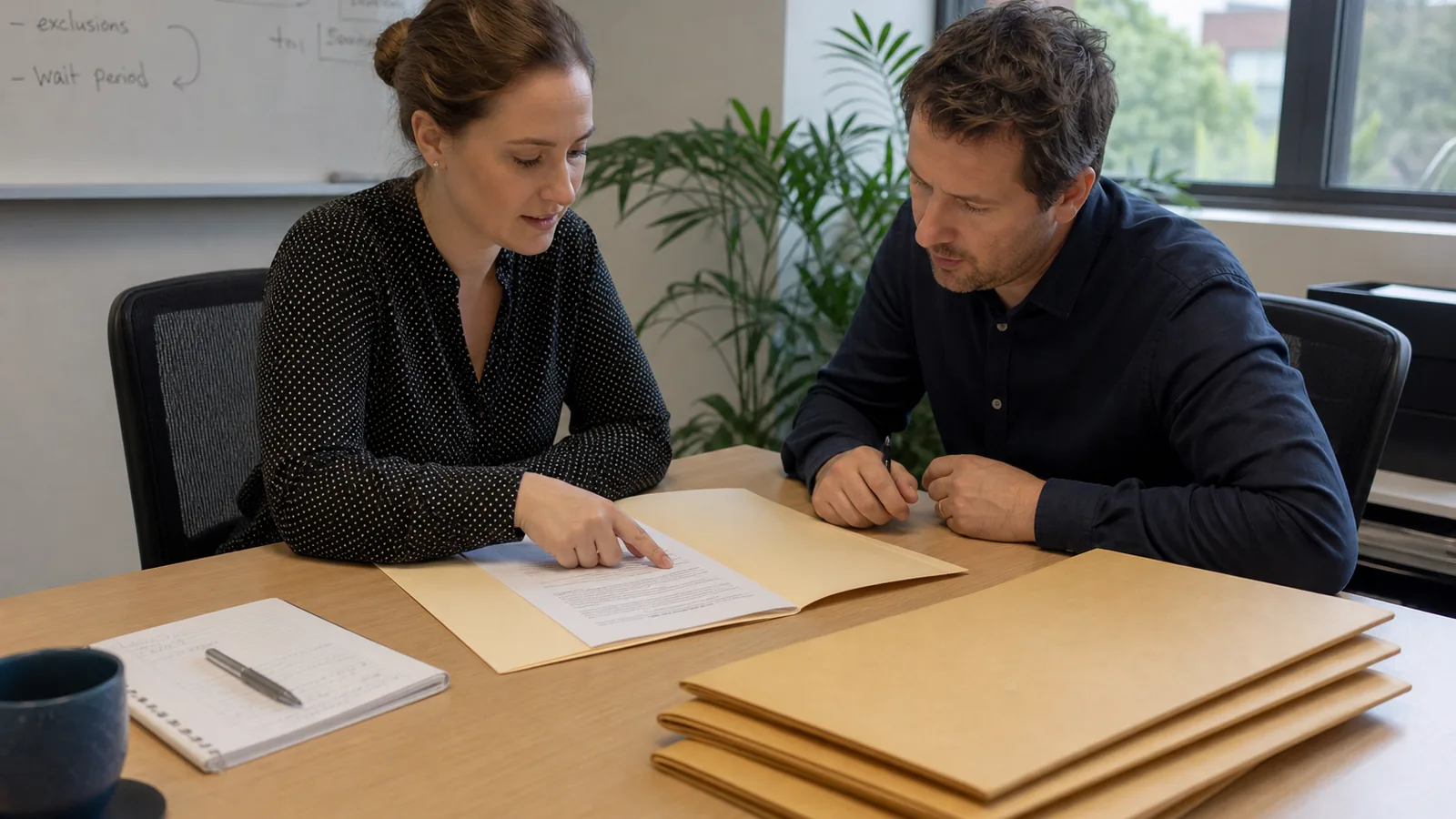Two people checking evidence folders for a bounded aged care product-change issue at a small workshop table