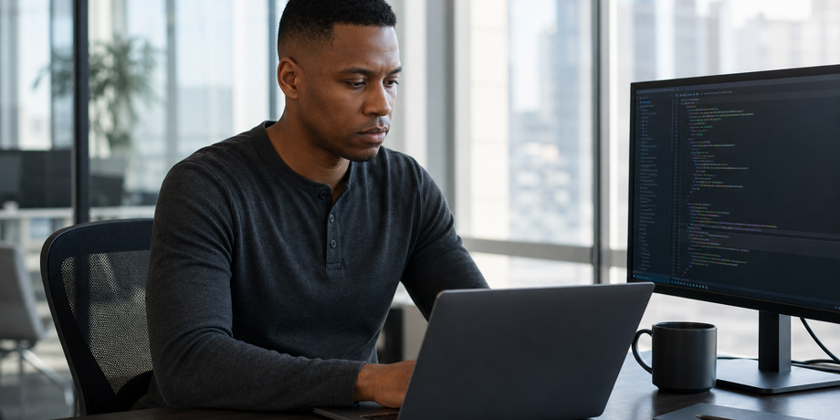 Software engineer reviewing source code on a laptop and monitor in a modern office