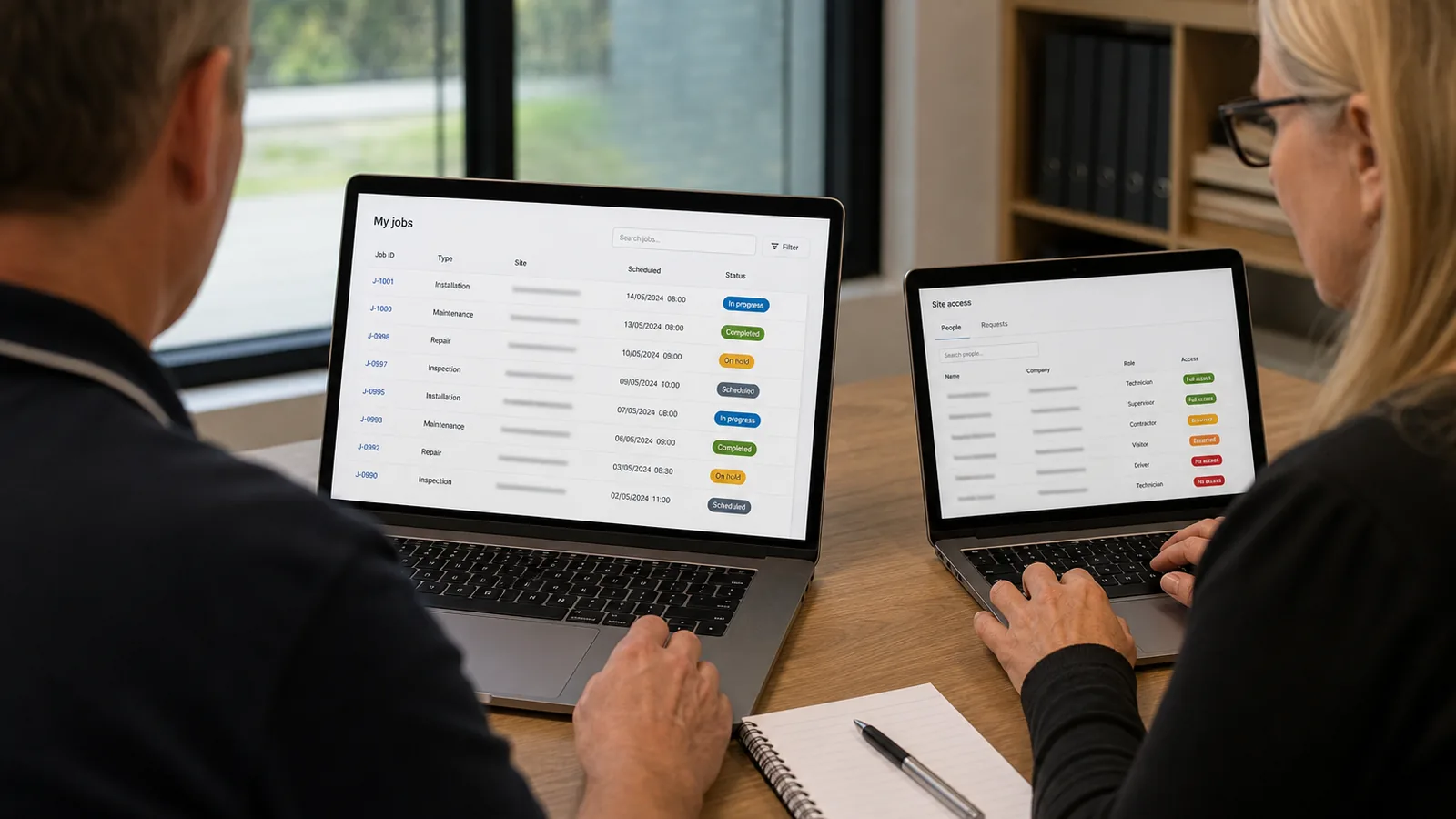 Customer using a self-service status portal on a laptop while an operations person reviews access permissions nearby