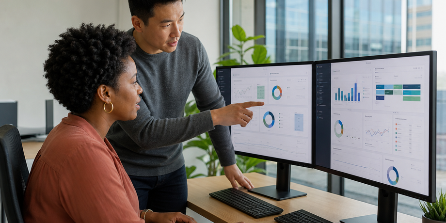 Operations team comparing two live system dashboards side by side during a dual-running period