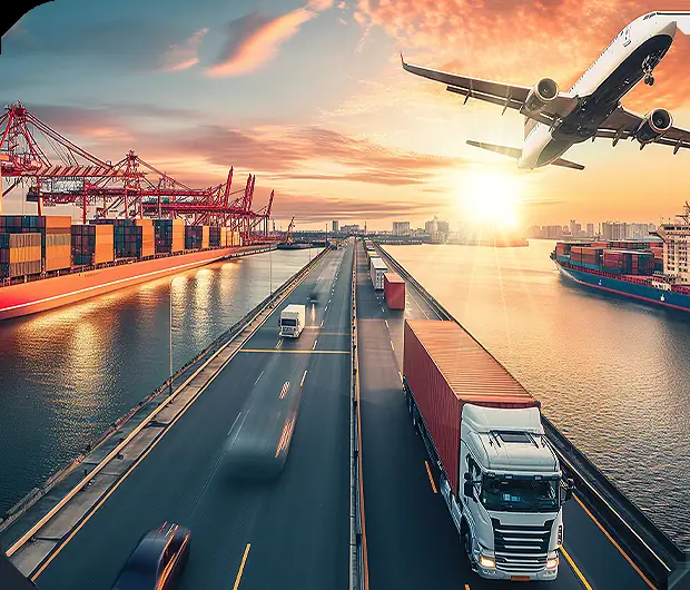 Trucks, cargo ships and aircraft at a global logistics hub