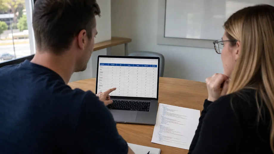 Two people reviewing a source-code and system access matrix on a laptop, without lock or hacker imagery