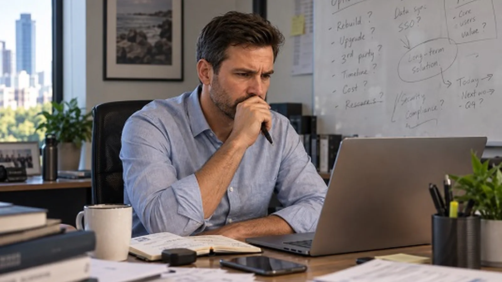 Professional reviewing technical options on a laptop beside a whiteboard