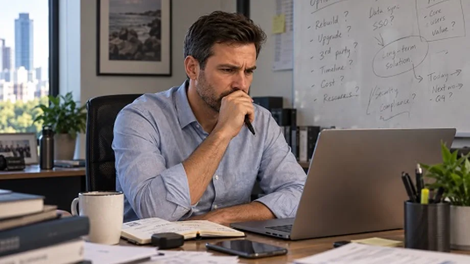 Professional reviewing technical options on a laptop beside a whiteboard with rebuild, upgrade and integration notes