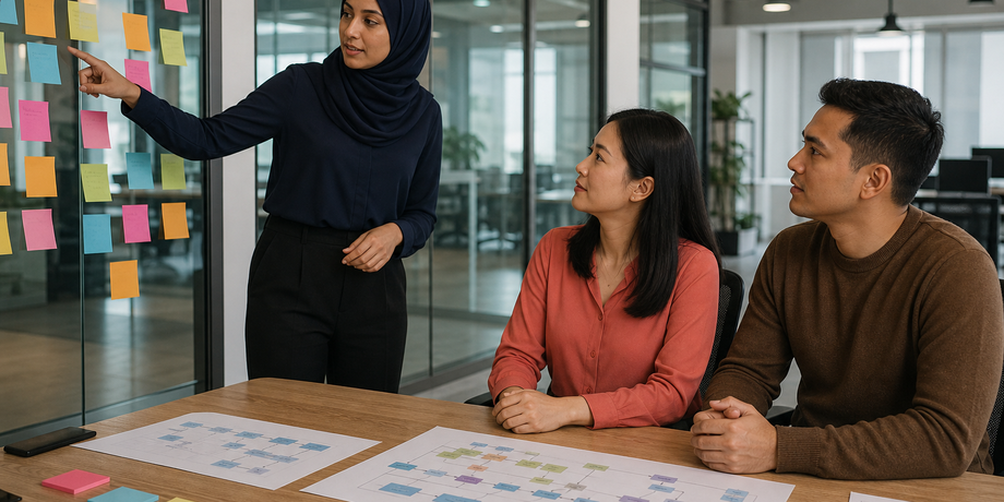Operations staff explaining real business processes to engineers using a workshop wall of notes