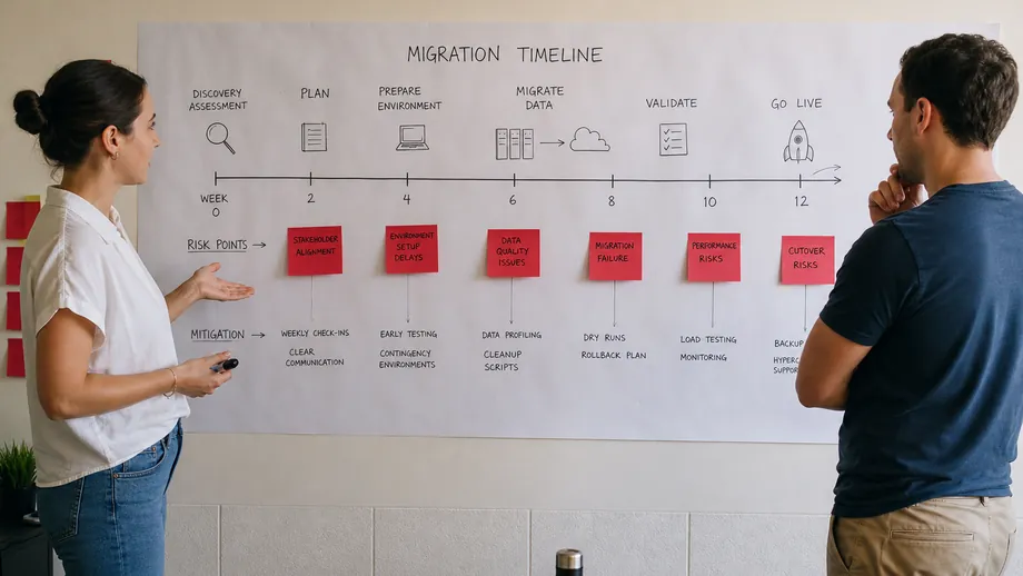 Two people standing at a wall timeline marked with red sticky notes for migration risks