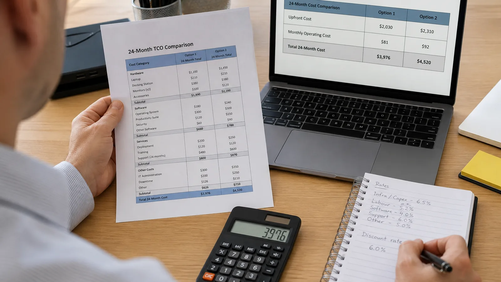 Over-the-shoulder view of a 24-month total-cost worksheet, calculator and laptop in a modest Australian office