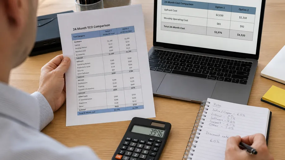 Over-the-shoulder view of a 24-month total-cost worksheet, calculator and laptop in a modest Australian office
