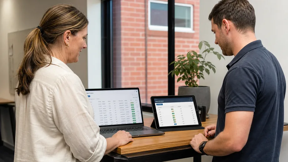 Product owner and engineer comparing a sales-order laptop with a stock-on-hand tablet in a small Australian office