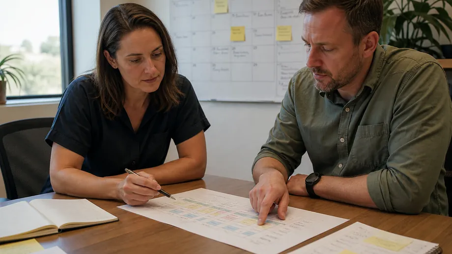Product owner and engineering lead reviewing delivery ownership on paper in a small Australian project room
