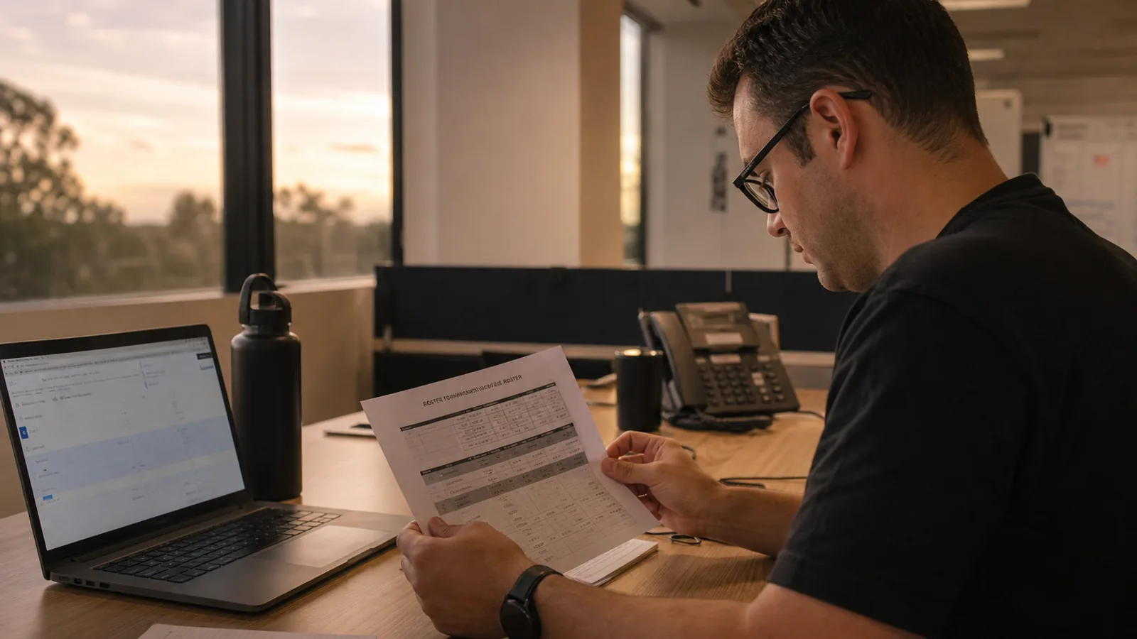 Operations owner reviewing a printed on-call and system-ownership roster beside a laptop after go-live