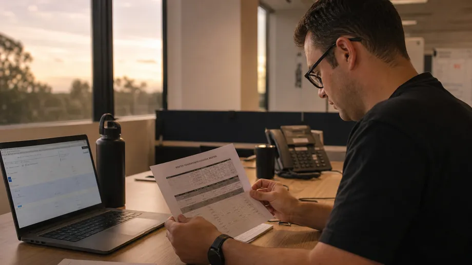 Operations owner reviewing a printed on-call and system-ownership roster beside a laptop after go-live