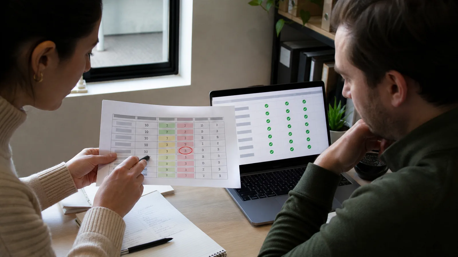 Aged care SaaS product lead and engineer comparing a printed quality-indicator table with green on-screen validation ticks