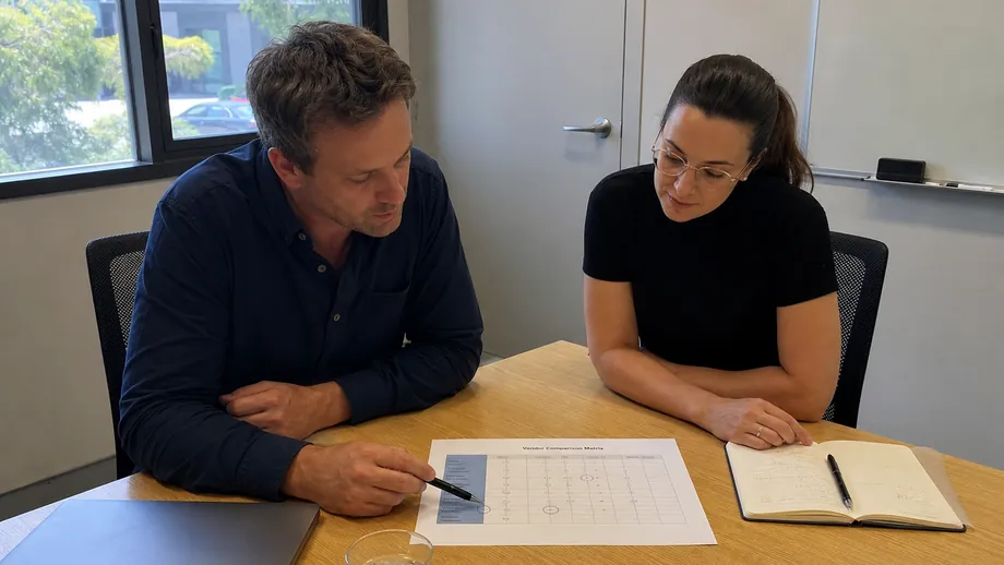 Two people marking evidence gaps on a printed vendor comparison matrix in a small meeting room